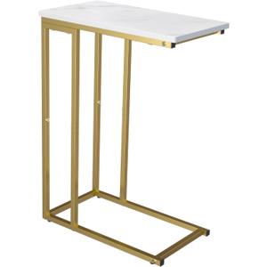 Yusong C Shaped End Table, Couch Side Table That Slide Under Sofa Bed, Small Table for Small Spaces, Skinny Overbed Table for Coffee Drink Snack, Living Room, Gold and White Marbled Wooden Top (Length 18.2)