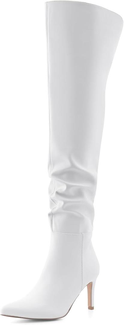 Shoe'N Tale Thigh High Boots for Women Over The Knee Stiletto Heel Pointed Toe Long Sexy Boots (7, White)
