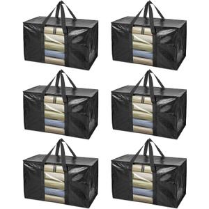 BALEINE 6-Pack Oversized Moving Bags with Reinforced Handles, Heavy-Duty Storage Tote Moving Supplies for Packaging, Camping (Black w/Window, 6-Pack)