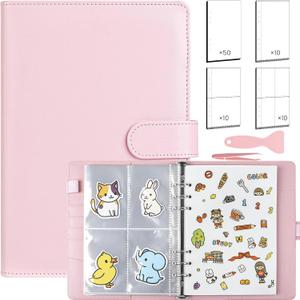 2025 New Reusable Sticker Organizer Binder Album 80 Sheets, PU Leather Sticker Collecting Book with Pockets for Kids Adults with Tweezer and Spatula (Pink)