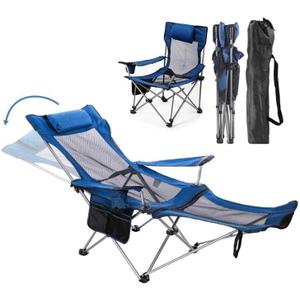 Reclining Folding Camping Chair with Removabel Footrest, Adjustable Folde Camping Chair with Foot Rest, Camp Lounge Outdoor Beach Chair, Mesh Reclining Design, with Pillow Cup Holder, Blue Mesh, Standard
