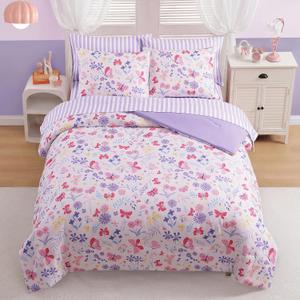 AMBERSPACE Full Size Comforter Sets for Girls, Butterfly Botanical Flowers Bedding Set, All Season Kids Bed in a Bag 7 Pieces with Sheets, Pillowcases & Shams