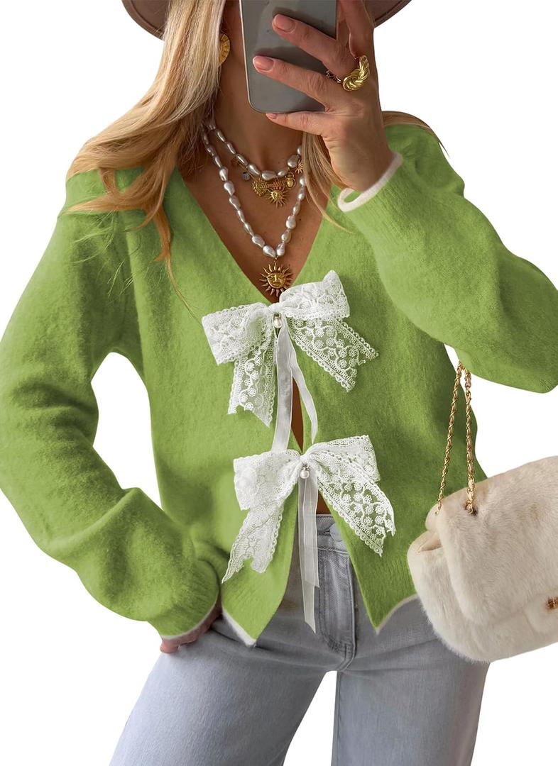 Cakulo Womens Bow Tie Sweater V Neck Cardigan Sweaters 2026 Lightweight Spring Fashion Knit Cardigans Outfits (Green, XL)