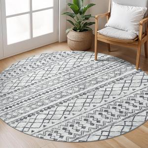 KUTA Boho Round Washable Rugs 5Ft Grey Moroccan Circle Area Rug Non-Slip Soft Distressed Geometric Carpet for Living Room Bedroom Low-Pile Entry Throw for Nursery Dorm Decor
