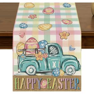 3 x Happy Easter Carrot Egg Truck Daisy Table Runner 13x72 Inch Pink Yellow Buffalo Plaid Spring Kitchen Dining Table Decor for Indoor Outdoor Farmhouse Home Party Decoration ZQ105