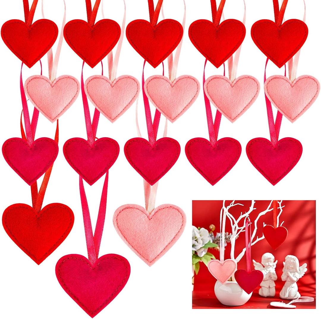 Tegeme 36 Pcs Valentine Felt Heart Hanging Ornaments Pink Rose Red Heart Shaped Ornaments for Valentine Wedding Anniversary Decor Party Supplies