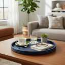 30-inch Round Ottoman Serving Tray - Textured PU Leather Coffee Table Decor, Waterproof Heat-Resistant Large Organizer for Home, Office, Bed & Party Essentials (Navy Blue, 30)
