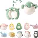 Kids Travel Pillow 2-in-1 Malleable Neck Pillow, Soft U-Shaped Pillow with Cute Plush Toys, Cosy Sleeping and Play Companion for Airplanes, Cars and Travel - Green Fish