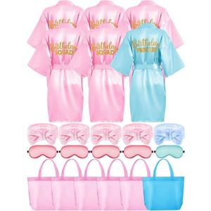 Sintuff Girls Spa Party Supplies 24 Pcs-6 Robes, 6 Headbands, 6 Eye Masks & 6 Tote Bags for Sleepover Slumber Birthday Party(Size 8,Sky Blue)