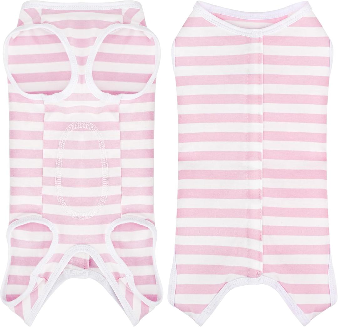 Comprehensive Post-Surgery Dog Recovery Suit: Premium Cotton Protective Wound Care Shirt for Puppies, Cats, and Small Pets - Ensuring Ultimate Comfort, Unrestricted Mobility M (M-(8~12lb) | Chest(~15.5"), Pink and White Striped)