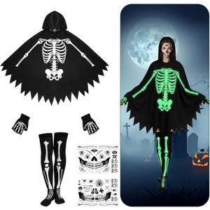 RunNico 5 Pcs Halloween Glowing Skeleton Hooded Poncho, 46'' Halloween Skeleton Cape Set with Gloves Socks Face Stickers, Day of The Dead Ghost Poncho Costume for Women Adult Themed Cosplay Party