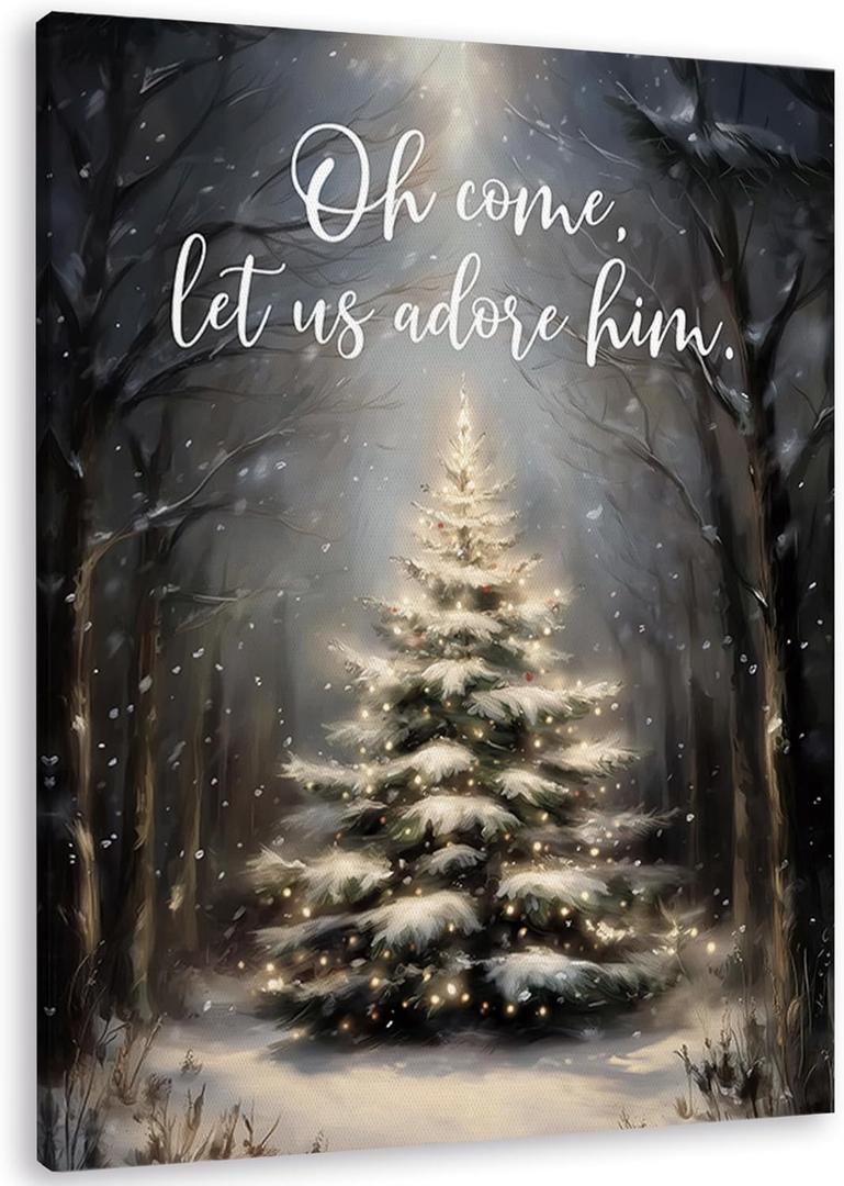 TLESKE Christian Christmas Tree Wall Art Decor 11x14, Vintage Winter Snowy Forest Xmas Tree Canvas Wall Art Print for Bedroom Living Room, Religious Oh Come Let Us Adore Him Wall Artwork Picture
