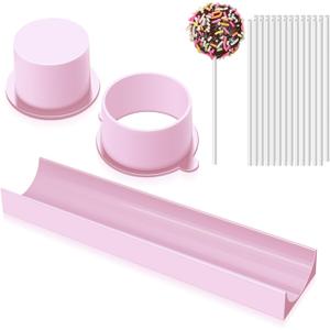 Round Cake Pop Mold Set with 9 Inch Tray and Sticks, ABS Cake Pop Maker, Circle Cake Pop Cutter and Pusher, Baking Molds Kit for Parties, Wedding,Home Desserts Making - Pink