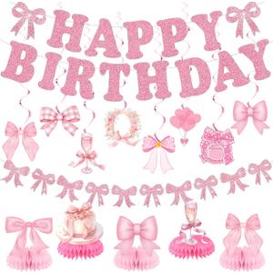 Pink Bow Banners Hanging Swirls Cute Ceiling Streamers for Women Girls Bachelorette Birthday