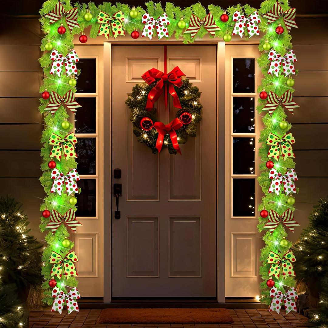 Christmas Garland with Lights with Red Green Bows and Balls Xmas Lime Green Garland Decoration for Front Door Fireplace Table Indoor Outdoor Decor