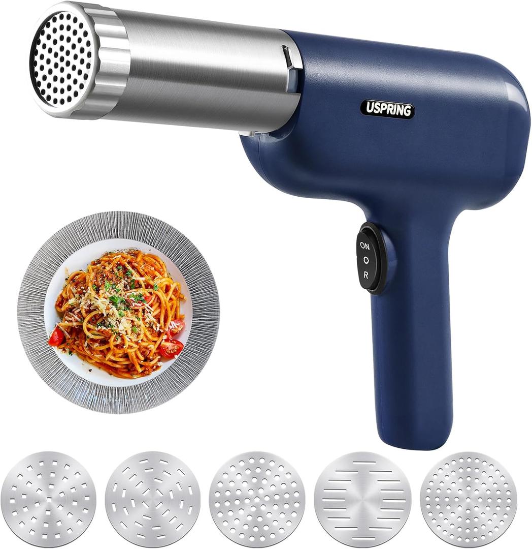 Uspring Handheld Electric Pasta Maker, 5-in-1 Cordless Pasta Maker Machine, Portable Noodle Maker with Dough Cutter, Automatic Noodle Press Machine, Homemade Spaghetti Maker-Blue