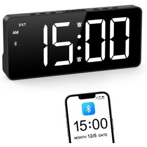 ORIA Digital Alarm Clock, LED Bedroom Clock with Bluetooth Sync Time, Auto Sync Time Alarm Clock, Adjustable Volume Brightness, Snooze, Rechargeable Large Display for Home Living Room