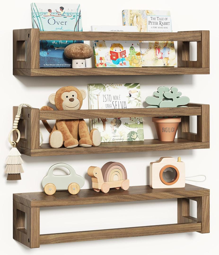 Upgraded Thick Floating Shelves, Solid Wood Bookshelf for Wall, Floating Book Shelves Use as Wall Shelves for Bedroom, Kids Room, Nursery, Books, Spice Rack & Decor  Dark Walnut Brown (15.75 Inch)