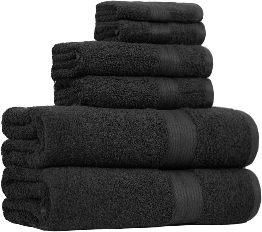 Amazon Basics 6-Piece Highly Absorbent Fade-Resistant Towel Set, 100% Cotton Towels for Bathroom, Soft, 2 Bath Towels, 2 Hand Towels, 2 Washcloths, Black