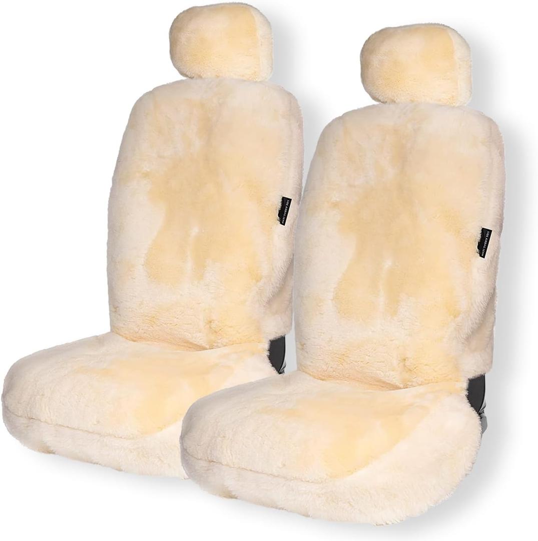 ZONETECH Sheepskin Seat Covers Fuzzy Car Seat Covers Ivory Australian Merino Wool Fluffy Fur Auto Accessories All Season Protection for Your Seats Universal Fits Most Car SUV Airbag Compatible 2-Pack