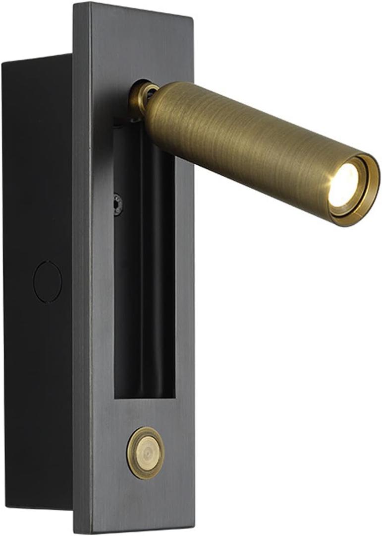 LED Bedroom Lamp Headboard Wall Light Sconce, Bedside Reading Light Recessed Push Switch Wall Lamps, Hotel Bed Side Decorative Wall Sconces Spotlight, 360 Rotatable 92 Foldable (Brass+Black)