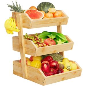 Bamboo 3 Tier Fruit Basket For Counter With Two Banana Hook, Fruit And Vegetables Basket, Large Capacity Wood Fruit Bowls, Fruit Organizer For Kitchen Counter, Onion Storage, Bread Pantry (Bamboo)