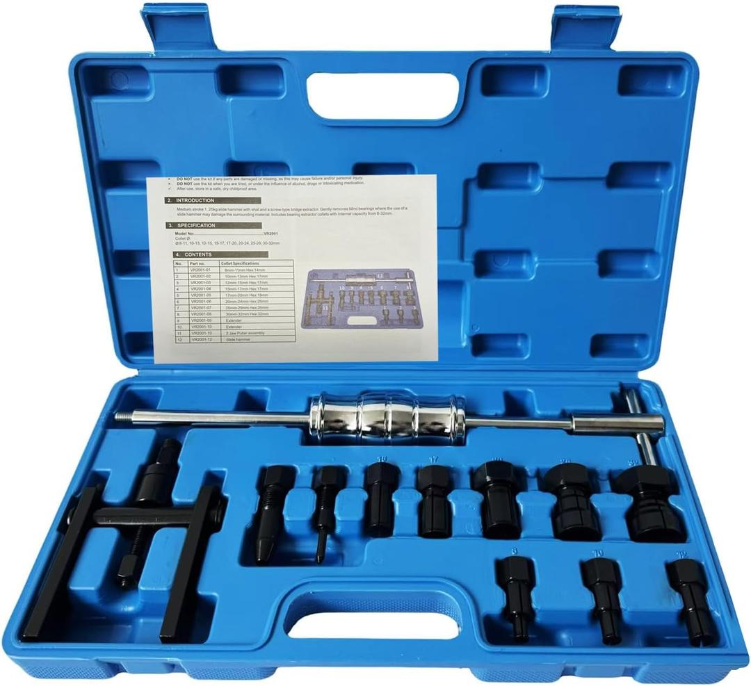 12pcs Blind Hole Bearing Puller Set Internal Bearing Extractor Puller Kit Motorcycle Bicycle Wheel Bearing Removal Tool Slide Hammer Pilot Insert Inner Bearing Puller Tool with Expanding Collet 8-32MM