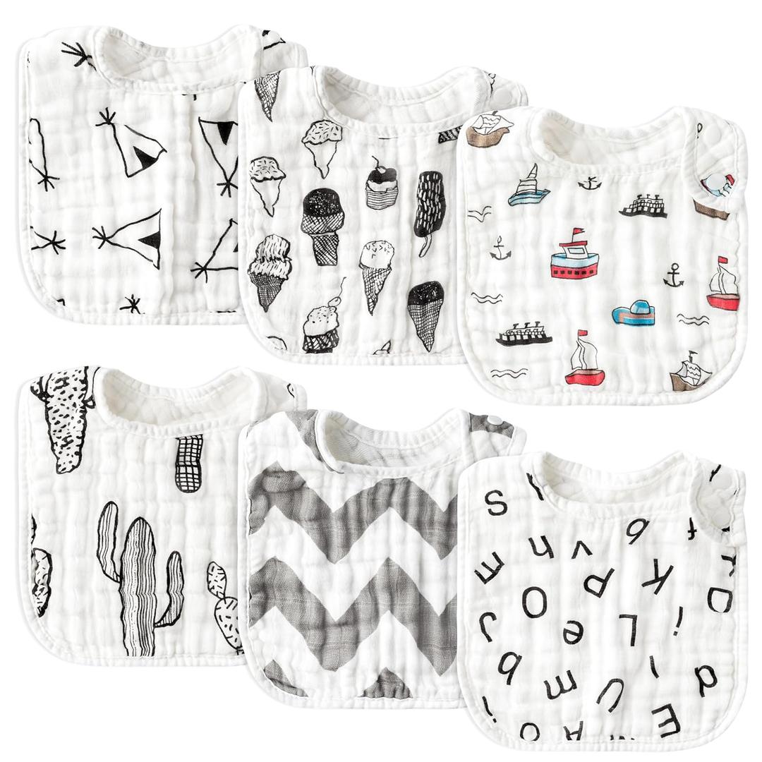 Zainpe 6Pcs Snap Muslin Cotton Baby Bibs Summer Ice Cream Pattern Infants Drool Bib Soft Absorbent Adjustable Burp Cloths Feeding Cloth for Newborns Girls Boys Toddlers Teething Eating 0 to 36 Months (Dark Gray)