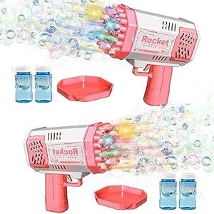 LUSJNGE 2 Bubble Gun with 2 Bottles Refill Solution for Kids, 40-Hole Light Up Rocket Bubble Machine for Toddlers 1-3, Pink Bubble Blaster Maker, Party Favors Toys for Boys Girls 4-8 Birthday Gifts