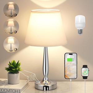 Kakanuo Touch Table Lamp for Bedroom, Small Bedside Lamp with USB C Charging Port, 3 Way Dimmable Touch Control Nightstand Lamp for Living Room and Office, White Shade and Silver Base