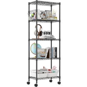Homdox 5 Tier Wire Shelving Unit on Wheels, Adjustable Storage Racks and Shelving, Heavy Duty Rolling Metal Shelves with Side Hooks for Laundry Bathroom Kitchen Garage Pantry Organization, Black, 23.23*13.78*72.05 Inch