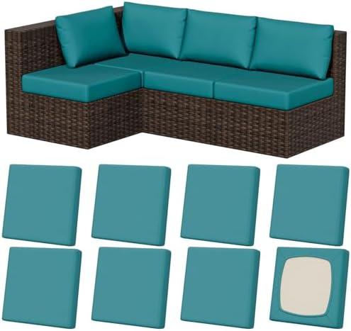 8Pcs Stretch Patio Cushion Covers, Outdoor Couch & Sofa Replacement Slipcovers for Patio Furniture Cushion Covers, Washable Reusable Furniture Protector, Square-Small, Petrol-Blue