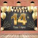 HAMIGAR 6x4ft Happy 14th Birthday Banner Backdrop - 14 Years Old Birthday Decorations Party Supplies for Girls Boys - Black Gold