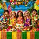 OHOME Luau Party Decorations - Green Gold Rose Tropical Streamers Table Skirts 2 Pack | Hawaiian Party Decorations for Indoor Outdoor - Summer Beach Pool Birthday Favors Supplies for Home Wall