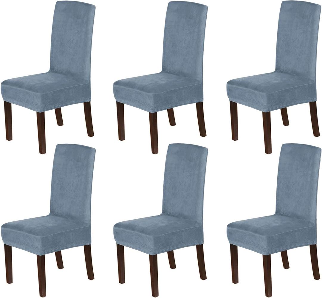 H.VERSAILTEX Velvet Dining Chair Covers Stretch Chair Covers for Dining Room Set of 6 Parson Chair Slipcovers Chair Protectors Covers Dining, Soft Thick Solid Velvet Fabric Washable, Stone Blue