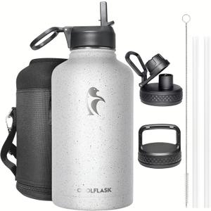 Half Gallon Water Bottle Insulated with Straw&3 Lids, Coolflask 64 oz Water Jug Galaxy Large Metal Stainless Steel flask for Gym, Sports and Office, Keep Cold 48H Hot 24H, Arctic White