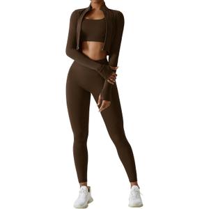 Workout Sets for Women 3 Piece High Waisted Seamless Leggings Crop Top Jacket Gym Yoga Outfit Stretchy Sports Bra Sets (Small, Brown)