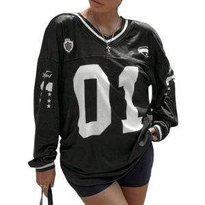 Milumia Women's Mesh Oversized Long Sleeve Jersey Shirt Y2k Number Graphic Tees Blokette T Shirt Top Streetwear Black X-Small (Black, XS)