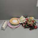 20 Pcs Floral Tea Party Dinnerware Set Include 9 oz Paper Cups and Saucers, Napkins, 3 Tier Cake Stand, Serving Platter, Butterfly Decorations, Flower Banner Tableware for Birthday Wedding