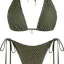 ZAFUL Women's Triangle Bikini Multiway Fishnet Tie Side Bandeau Halter String Bikini Set Two Piece Swimsuit Bathing Suits, L