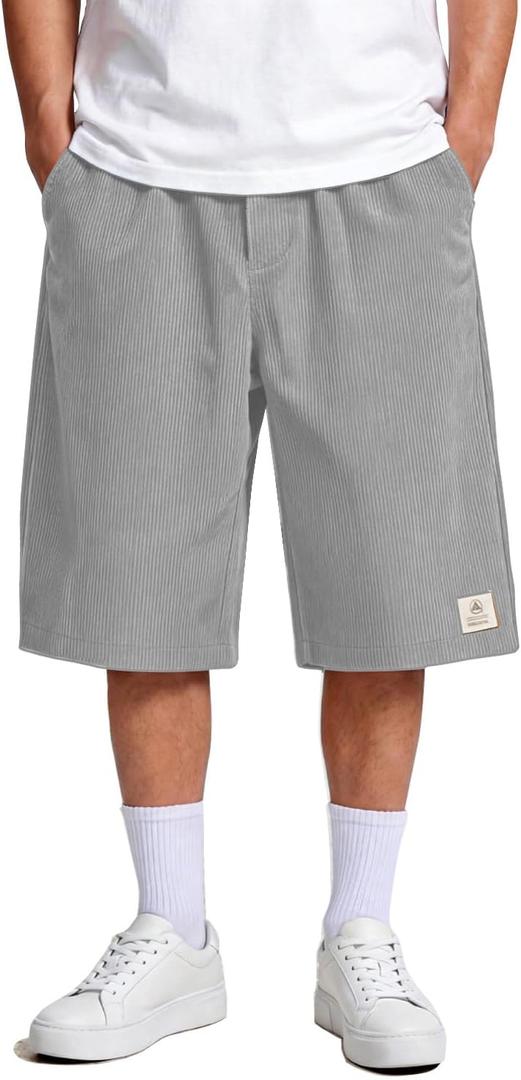 Heyfanee Mens Long Baggy Shorts Below Knee Loose Fit Corduroy Shorts for Skateboard Hip Hop (Gray)