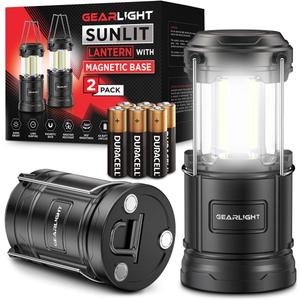 GearLight Camping Lantern - 2 Portable LED Battery Powered Lantern with Magnetic Base and Foldable Hook for Emergency Use or Campsites, Essential Hurricane Survival Kit with Batteries