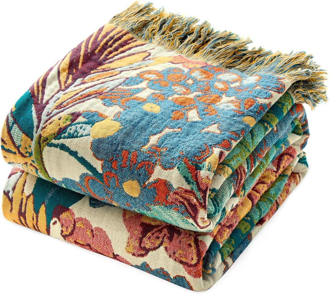 MSGKV Boho Throw Blanket for Couch 50"x60" 100% Cotton Vine Embroidery Blanket Bed Chair Sofa Blankets Muslin Spring Breathable All Seasons Lightweight Farmhouse Blankets Home Decor