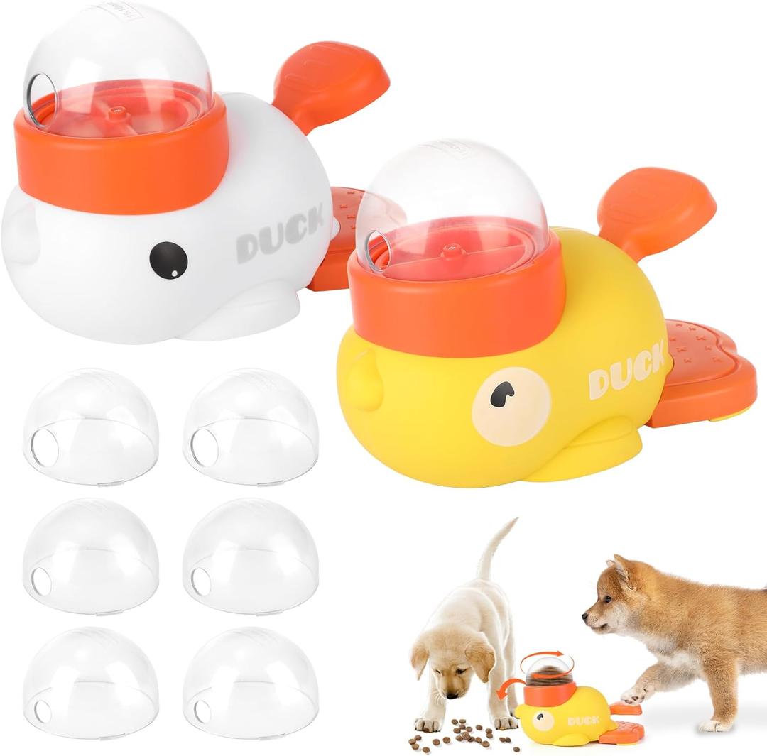 2 Pcs 2-in-1 Interactive Duck Treat Dispenser, Slow Duck Pet Feeder, Dog Treat Dispenser Toy, Feeder Puzzle Toy with 3 Food Outlet Sizes Toy for Small Medium Large Dogs (Yellow/White)