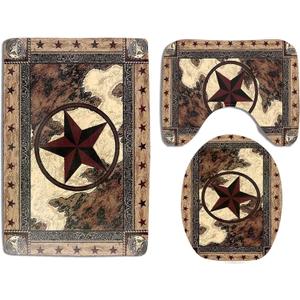 Western Texas Bath Rug Set 3 Piece Bathroom Contour Rugs Combo, Soft Bath Shower Mat and U-Shaped Toilet Floor Rug