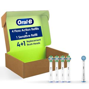 Oral-B FlossAction Electric Toothbrush Replacement Brush Heads, White, 4 Count + 1 Sensitive White