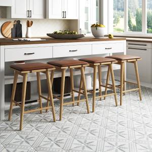 Nathan James Barker Classic Counter Height Wood Barstool with Leather Removable Cushion, Backless Island 24" Bar Stool for Kitchen, Chestnut Brown, Set of 4, 24.8" x 17" x 14"