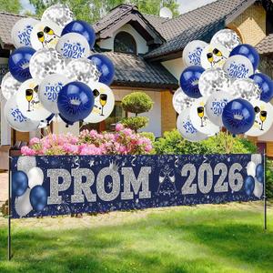 Graduation Prom Banner Decorations for Party 2026, Blue and Silver Prom 2026 Decorations Yard Sign Banner with Balloons for Prom Send Off Decorations 2026 , 9.8 X 1.6 ft
