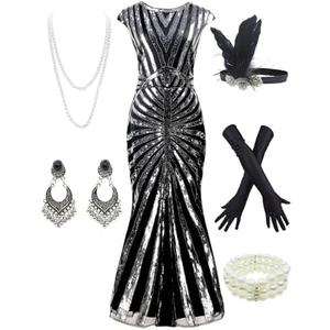 Women 1920S Gatsby Sequin Mermaid Formal Evening Dress with 20s Accessories Costume.L