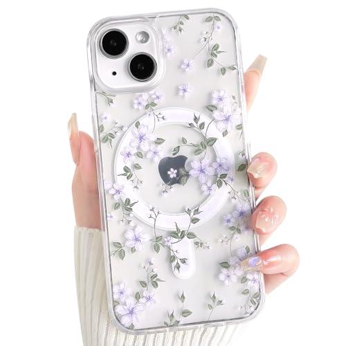 NITITOP Compatible with iPhone 13/14 Case Cute Clear Magnetic Compatible with MagSafe Flowers Floral Plant Leaves for Women Girls Hard PC Back Shockproof Protective Phone Cover - Purple